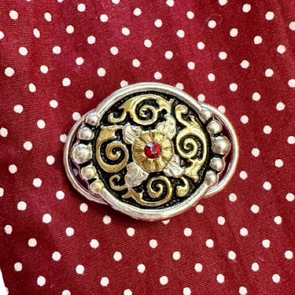 BOLO TIE & 1 1/4”, ROUND, SILVER/GOLD SCARF SLIDER. 48” SCARF IS DEEP RED COLOR - Picture 6 of 10